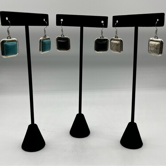 Women’s Vintage Square Semiprecious Stone Earrings Silvertone - Picture 10 of 13